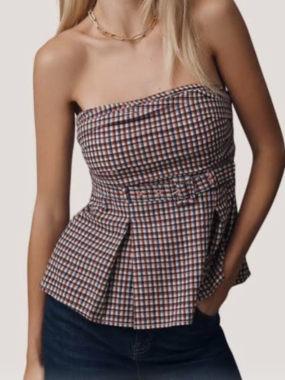 Anthropologie Maeve Plaid Strapless Peplum Top Belted Tube Top Blouse Large NWT